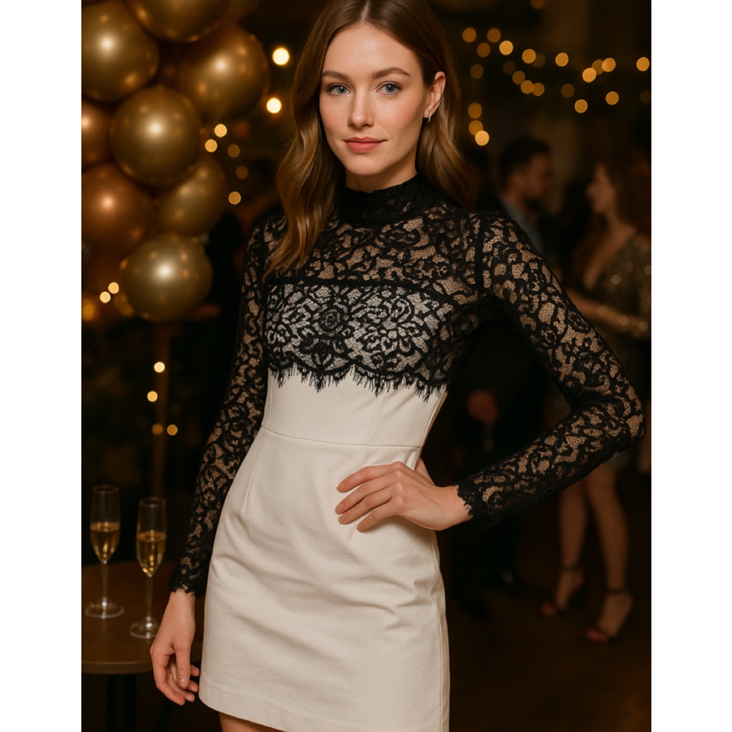 Rasario Silk Lace Corset Mini Dress Long Sleeve Black White Fr 42 Us 10 — image 4 of 8
